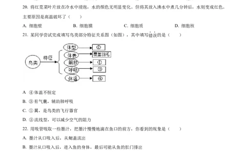 精品解析：2023年江苏省无锡市学考生物真题（原卷版）_new_6生物中考复习_2025中考复习资料_中考真题（近三年）_2023年生物中考真题