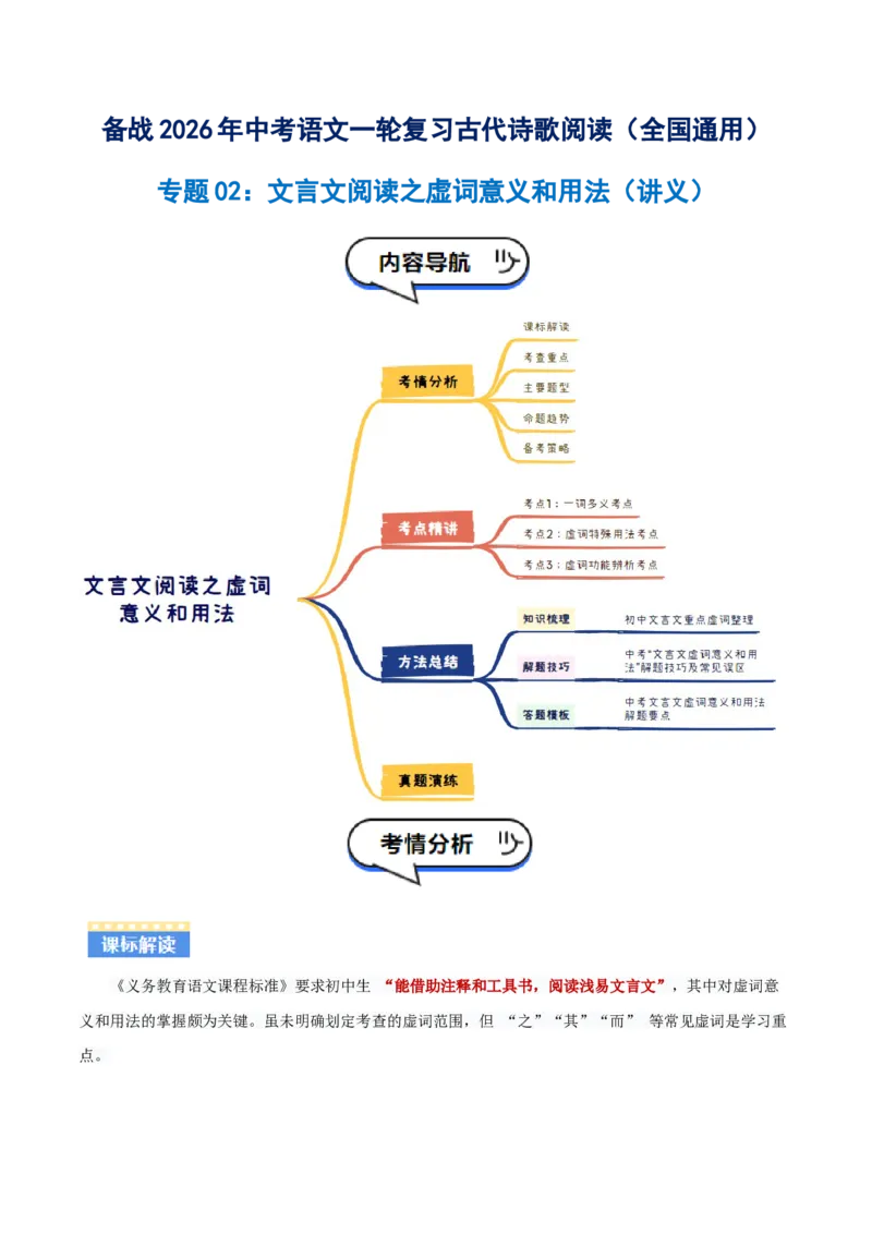 专题02：文言文阅读之虚词意义和用法(讲义）原卷版_中考复习资料_语数英物化_1语文中考复习_2026年中考复习（更新中）_备战2026年中考语文一轮复习之古诗文专题（全国通用）