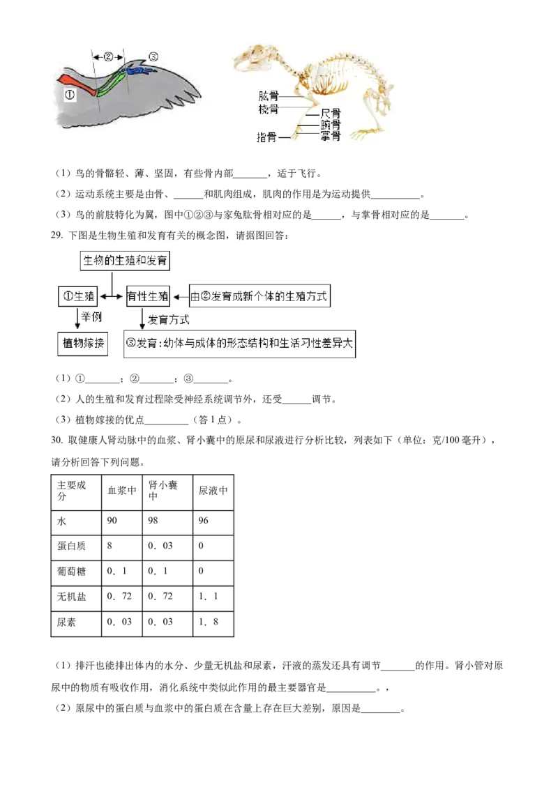精品解析：2023年湖南省岳阳市中考生物真题（原卷版）_new_6生物中考复习_2025中考复习资料_中考真题（近三年）_2023年生物中考真题