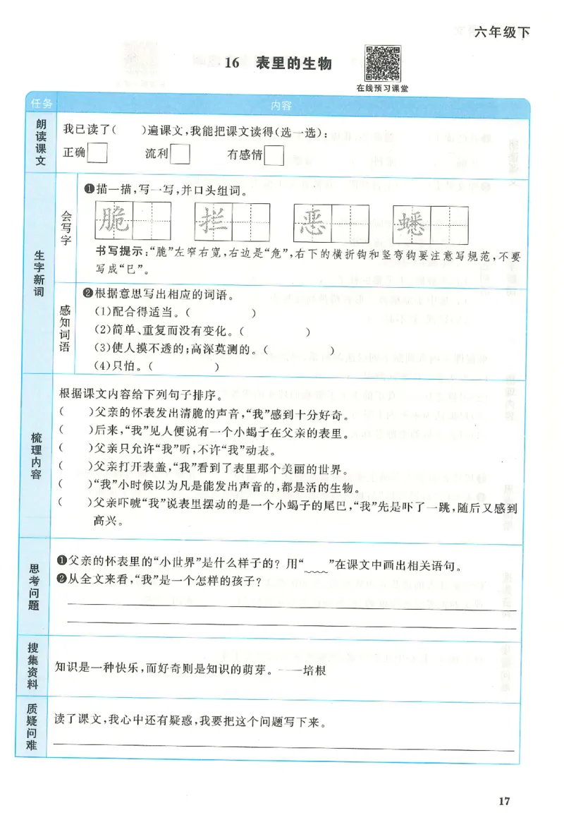 六下语文阳光同学预习单_2026春人教语文《阳光同学课时优化作业》_26春《阳光同学课时优化作业》语文RJ6下
