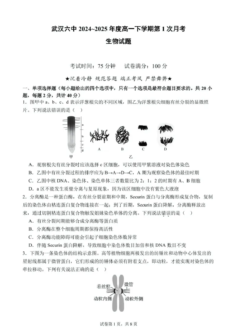 高一下学期第1次月考生物试题(1)_2025年03月试卷_0311湖北省武汉市第六中学2024-2025学年高一下学期3月月考_湖北省武汉市第六中学2024-2025学年高一下学期第1次月考生物试题PDF版含答案