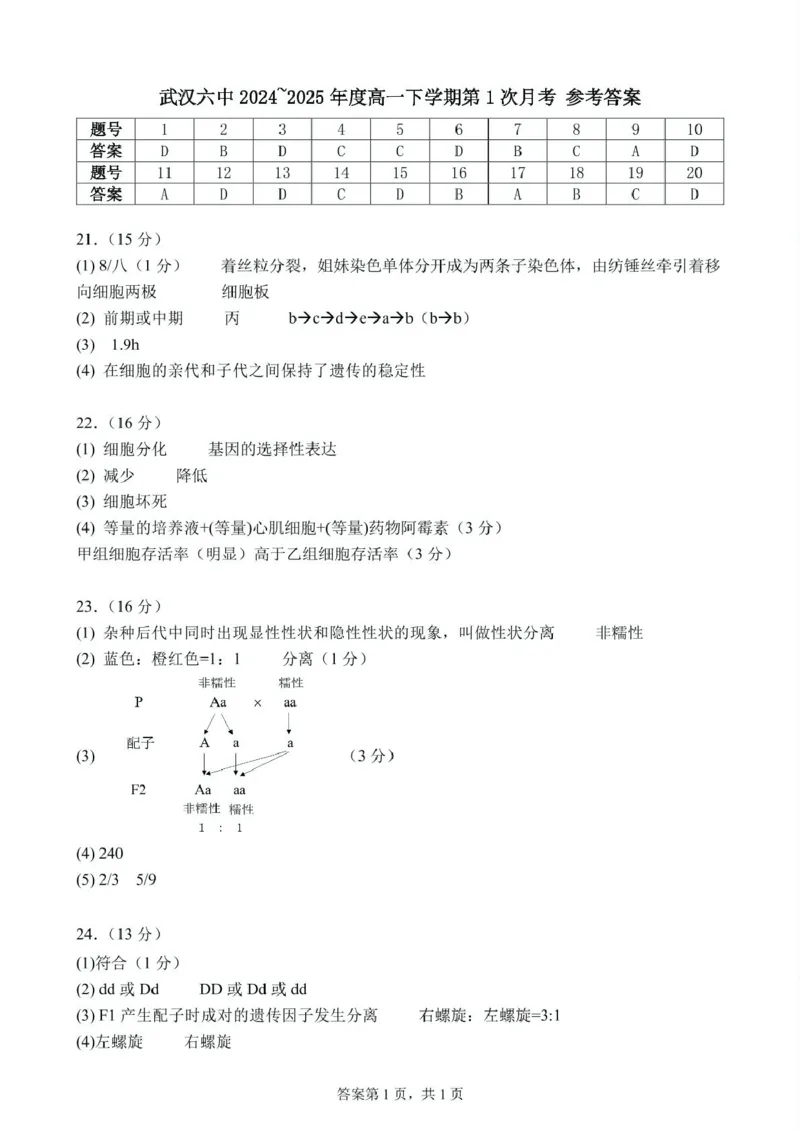 高一下学期第1次月考生物试题(1)_2025年03月试卷_0311湖北省武汉市第六中学2024-2025学年高一下学期3月月考_湖北省武汉市第六中学2024-2025学年高一下学期第1次月考生物试题PDF版含答案