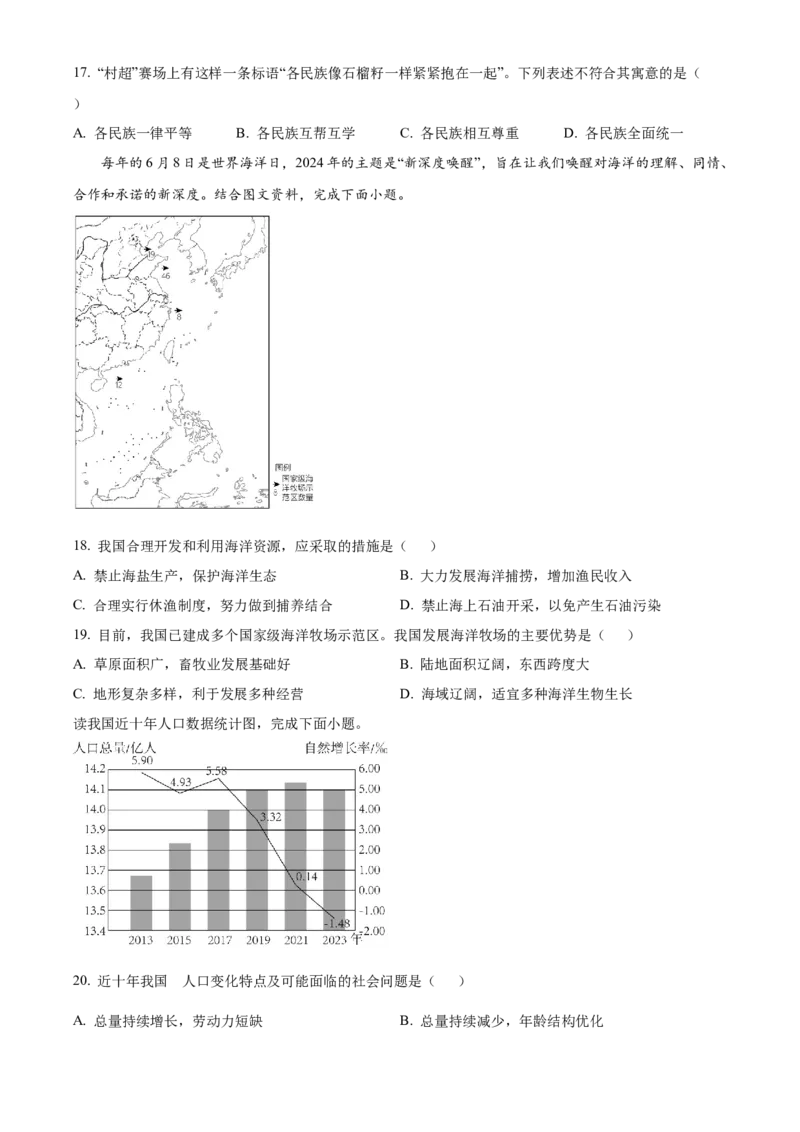 精品解析：2024年山东省聊城市中考地理试题（原卷版）_new_7地理中考复习_2025中考复习资料_中考真题（近三年）_2024中考地理真题