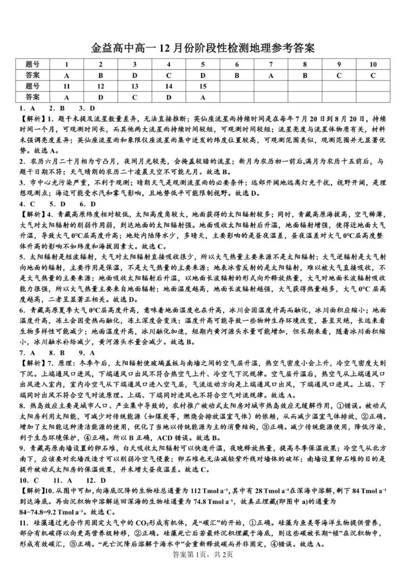 金益高中高一12月份阶段性检测地理参考答案_2026年01月高一试卷_260111湖北省孝感市汉川市金益高级中学2025-2026学年高一上学期12月月考