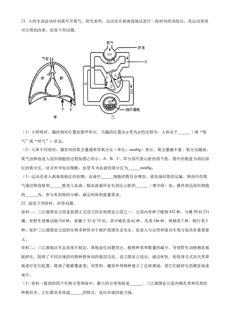 精品解析：2024年河南省中考生物真题（原卷版）_new_6生物中考复习_2025中考复习资料_中考真题（近三年）_2024年生物中考真题