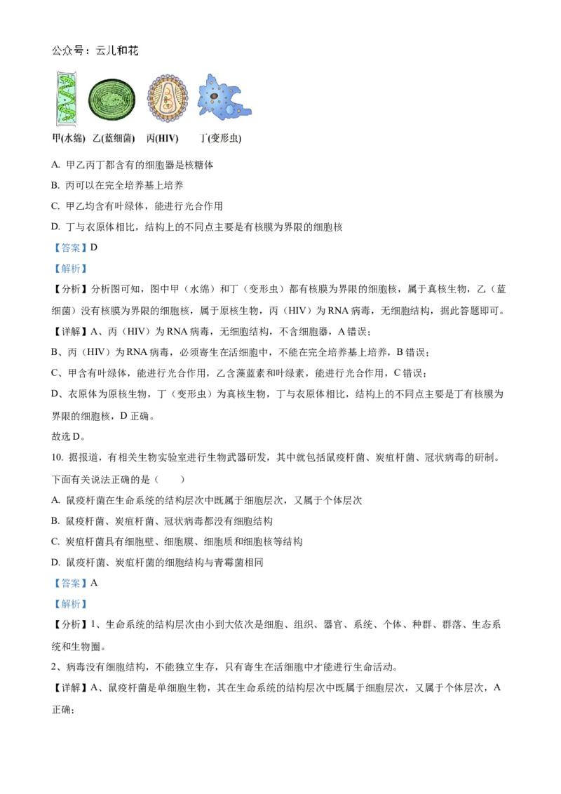 重庆市七校联考2024-2025学年高一上学期第一次月考生物试题Word版含解析_2024年11月试卷_1105重庆市七校联考2024-2025学年高一上学期第一次月考