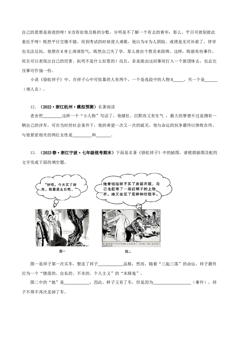 专题03《骆驼祥子》真题精练（单一题）（原卷版）－备战2024年中考语文名著阅读知识（考点）梳理+真题演练_中考复习资料_语数英物化_1语文中考复习_2024年中考资料_专项复习资料
