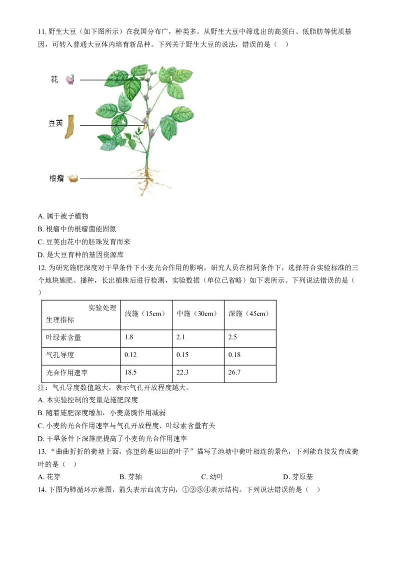 精品解析：2024年河北省八年级中考生物真题（原卷版）_new_6生物中考复习_2025中考复习资料_中考真题（近三年）_2024年生物中考真题