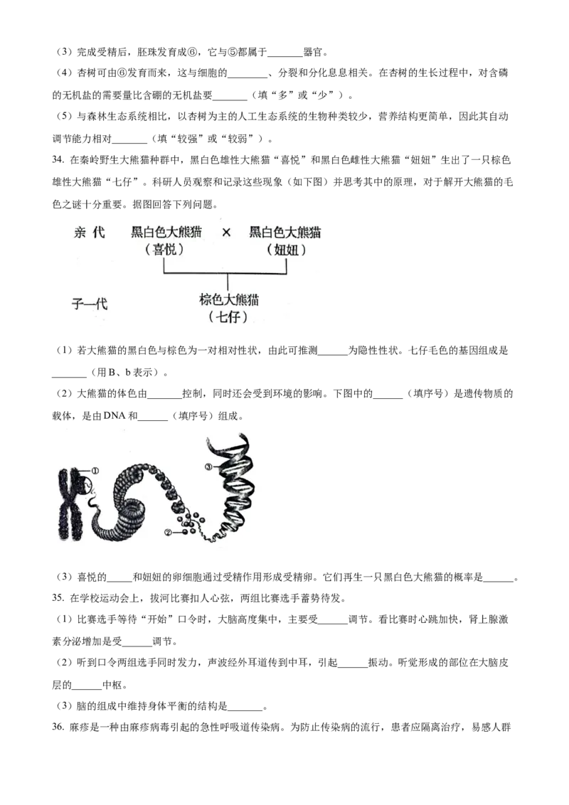 精品解析：2024年新疆生产建设兵团中考生物试题（原卷版）_new_6生物中考复习_2025中考复习资料_中考真题（近三年）_2024年生物中考真题