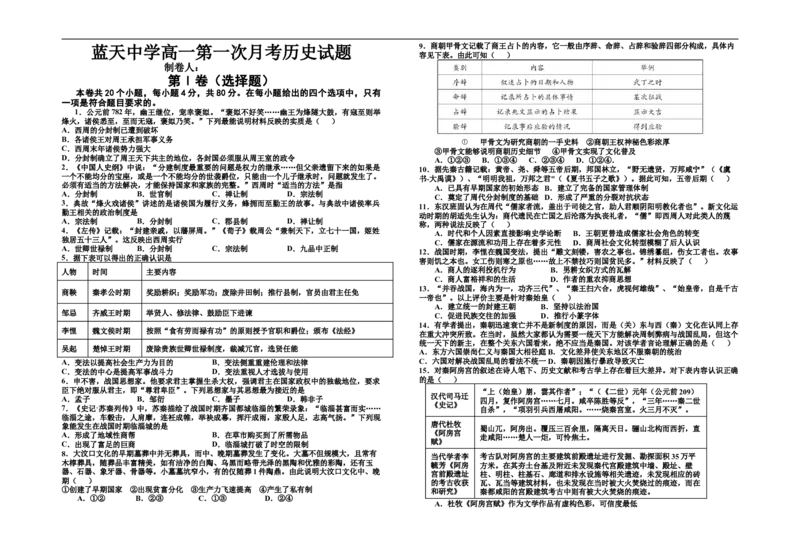 高一历史月考_2025年10月高一试卷_251010江西省上饶市余干县私立蓝天中学2025-2026学年高一上学期第一次月考