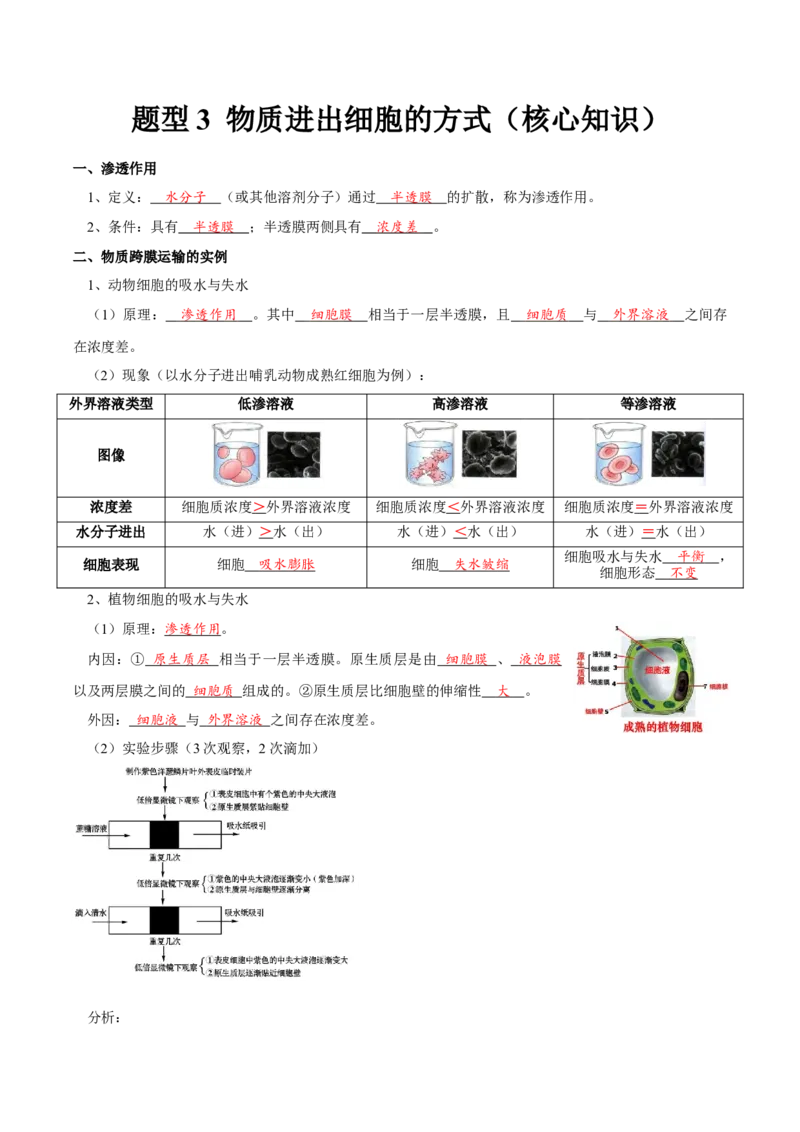 题型3物质进出细胞的方式（核心知识）（解析版）_新高考复习资料_2023年新高考复习资料_二轮复习_技巧点拨备战2023年高考生物二轮题型复习讲解286731240