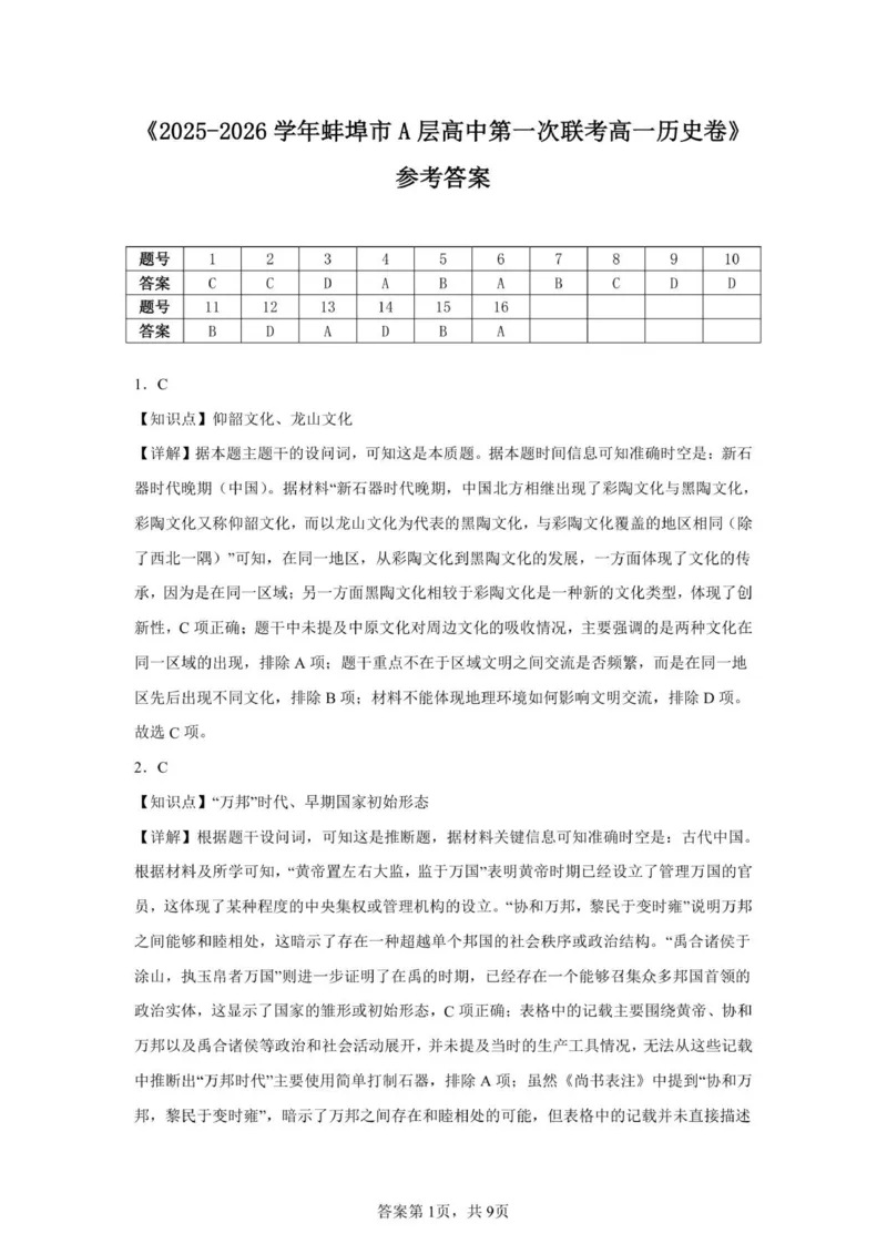 高一历史参考答案(2)_2025年10月高一试卷_251013安徽省蚌埠市A层高中2025-2026学年高一上学期10月月考_安徽省蚌埠市A层高中2025-2026学年高一上学期10月月考历史试题（扫描版，含答案）