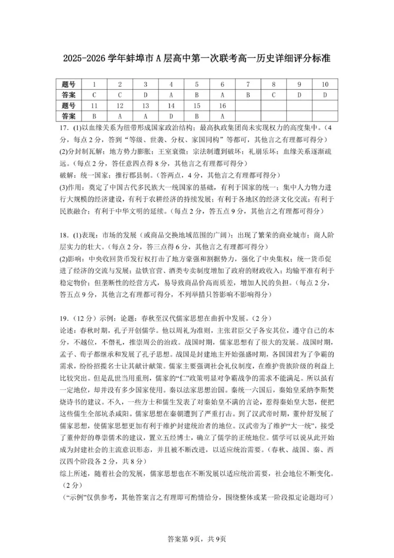 高一历史参考答案(2)_2025年10月高一试卷_251013安徽省蚌埠市A层高中2025-2026学年高一上学期10月月考_安徽省蚌埠市A层高中2025-2026学年高一上学期10月月考历史试题（扫描版，含答案）