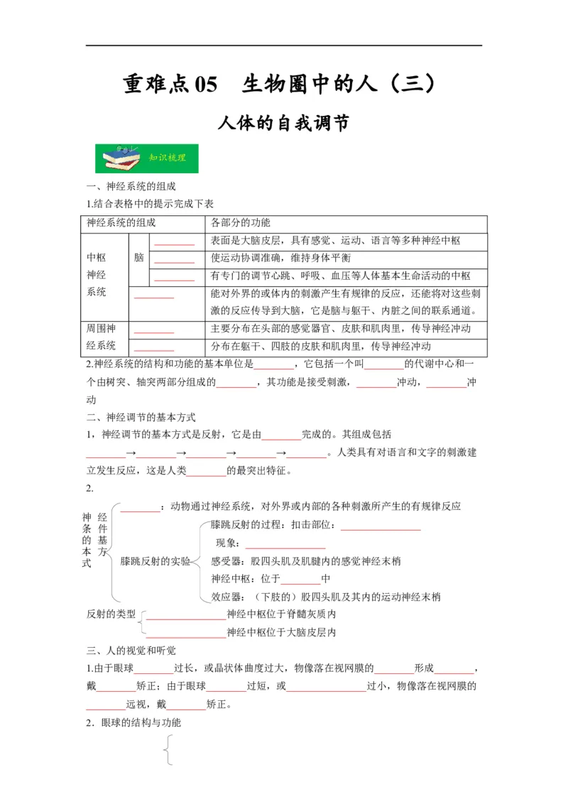 重难点05生物圈中的人（三）-2023年中考生物热点&middot;重点&middot;难点专练（全国通用）（原卷版）_6生物中考复习_2023年中考复习资料_专项复习