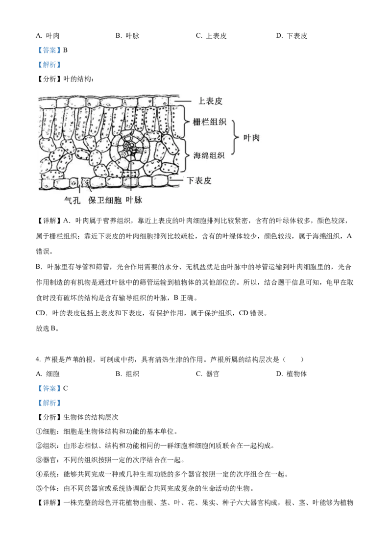 精品解析：2022年湖南省长沙市中考生物真题（解析版）_6生物中考复习_2025中考复习资料_中考真题（近三年）_2022年生物中考真题114份_精品解析：2022年湖南省长沙市中考生物真题