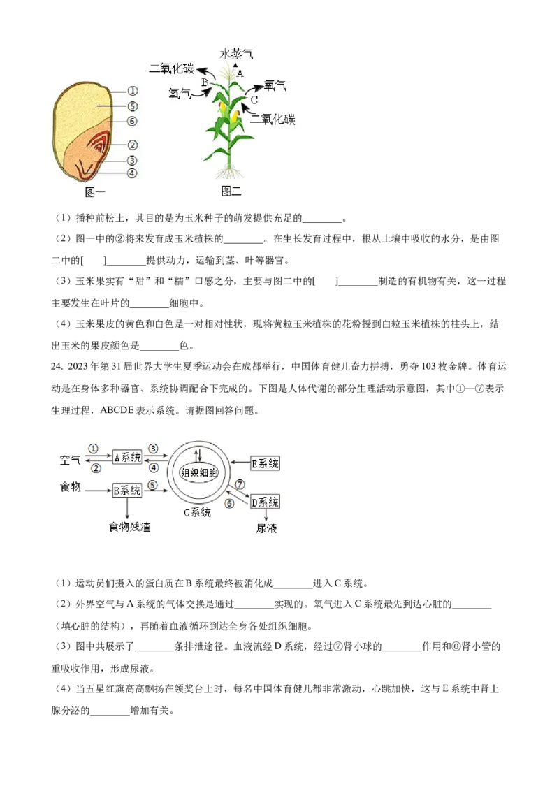 精品解析：2024年四川省广安市中考生物真题（原卷版）_new_6生物中考复习_2025中考复习资料_中考真题（近三年）_2024年生物中考真题