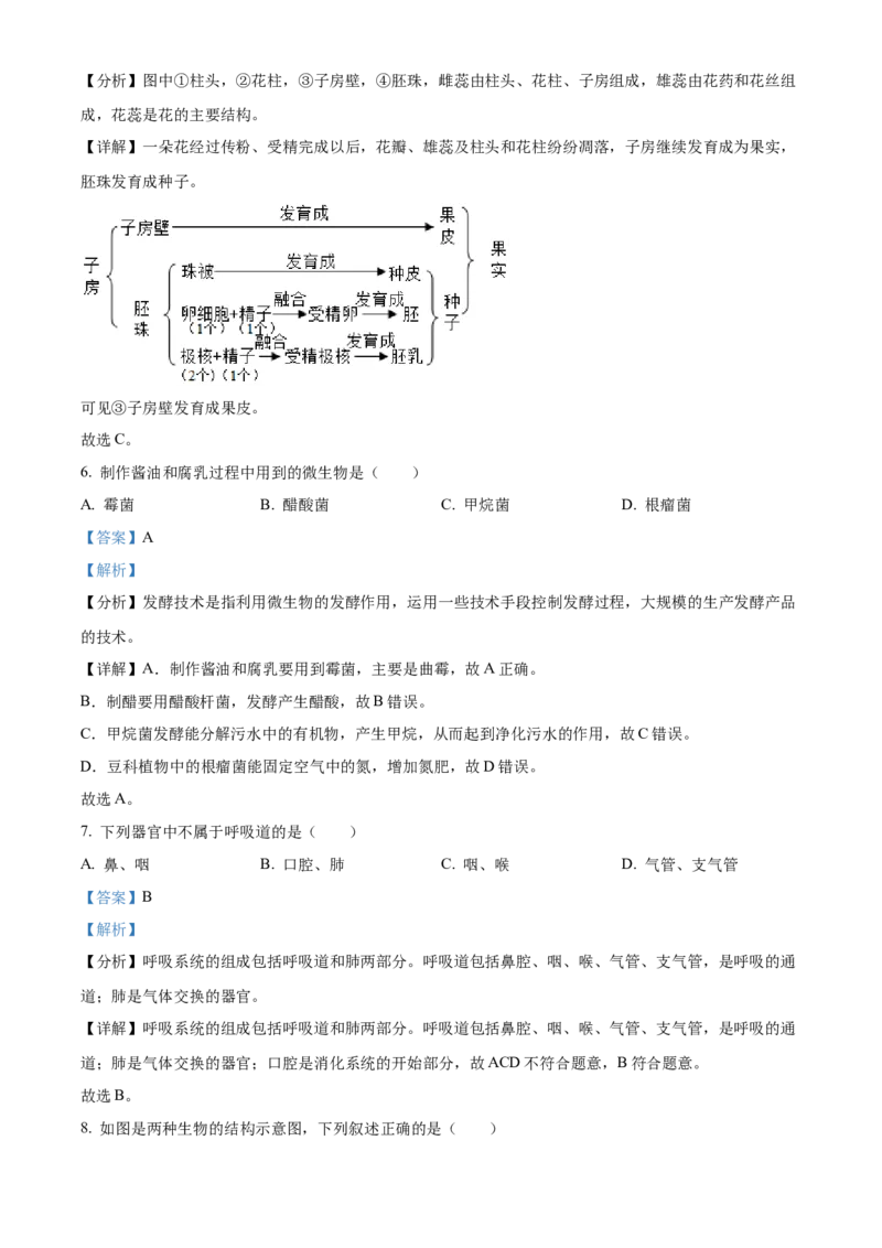精品解析：2024年吉林省中考生物真题（解析版）_new_6生物中考复习_2025中考复习资料_中考真题（近三年）_2024年生物中考真题