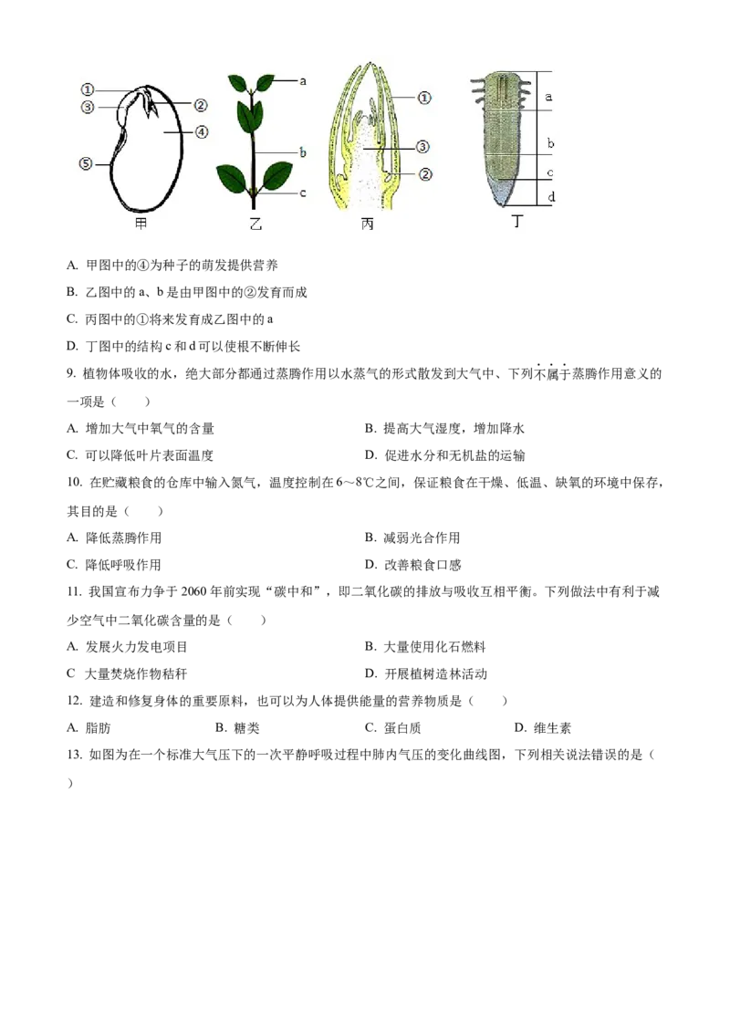 精品解析：2022年广西梧州市中考生物真题（原卷版）_6生物中考复习_2025中考复习资料_中考真题（近三年）_2022年生物中考真题114份_精品解析：2022年广西梧州市中考生物真题