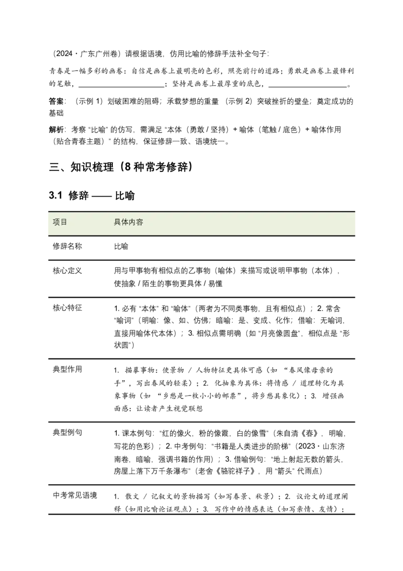 2026年全国中考语文一轮复习讲义：修辞手法（全国通用）（原卷）_中考复习资料_语数英物化_1语文中考复习_2026年中考复习（更新中）_2026年全国中考语文一轮复习讲义