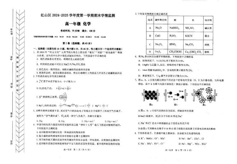 高一化学_2025年02月试卷_0225内蒙古自治区赤峰市红山区2024-2025学年高一上学期期末考试_内蒙古自治区赤峰市红山区2024-2025学年高一上学期期末考试化学PDF版含答案