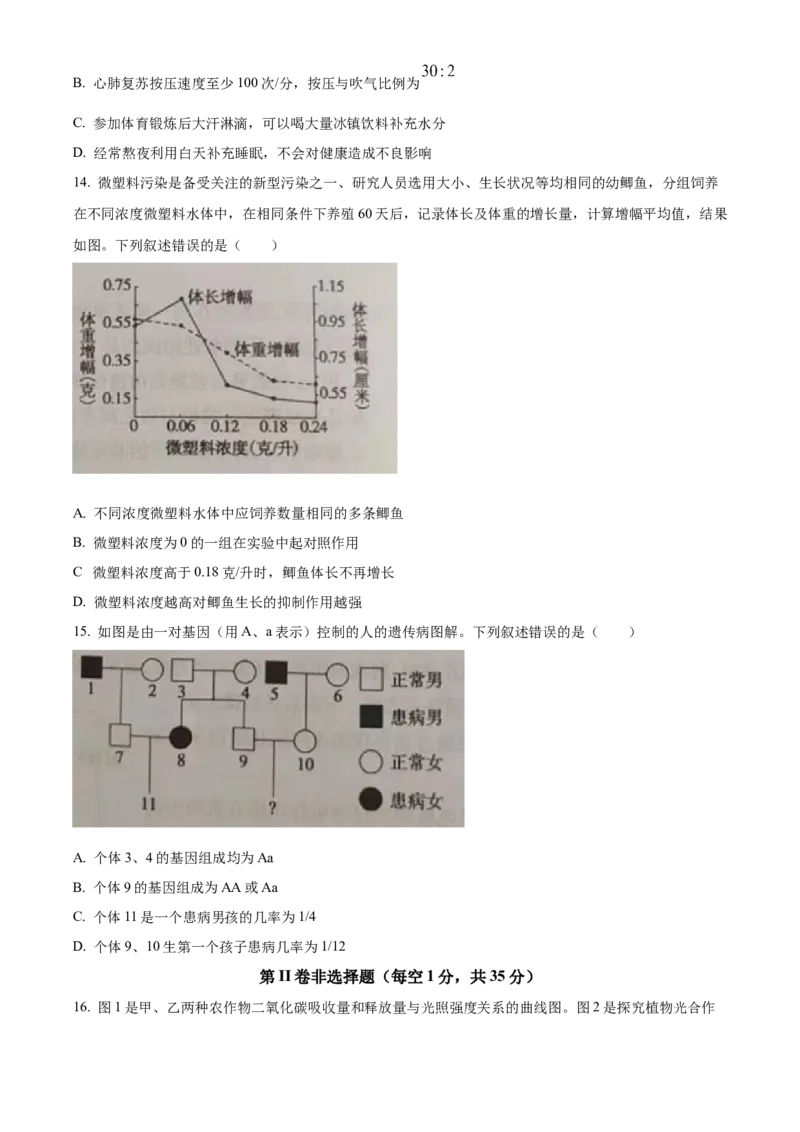 精品解析：2023年山东省泰安市中考生物真题（原卷版）_new_6生物中考复习_2025中考复习资料_中考真题（近三年）_2023年生物中考真题