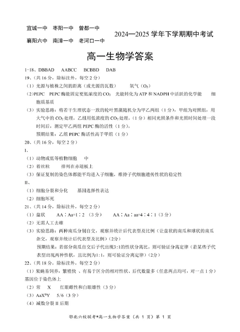 鄂北六校高一生物答案_2025年04月试卷_0426湖北省鄂北六校2024-2025学年高一下学期期中联考_湖北省鄂北六校2024-2025学年高一下学期期中联考生物试题扫描版含答案