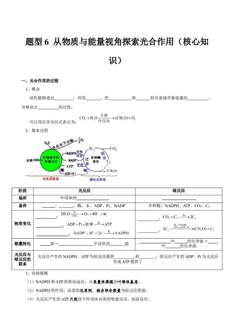 题型6从物质与能量视角探索光合作用（核心知识）（原卷版）_新高考复习资料_2023年新高考复习资料_二轮复习_技巧点拨备战2023年高考生物二轮题型复习讲解286731240