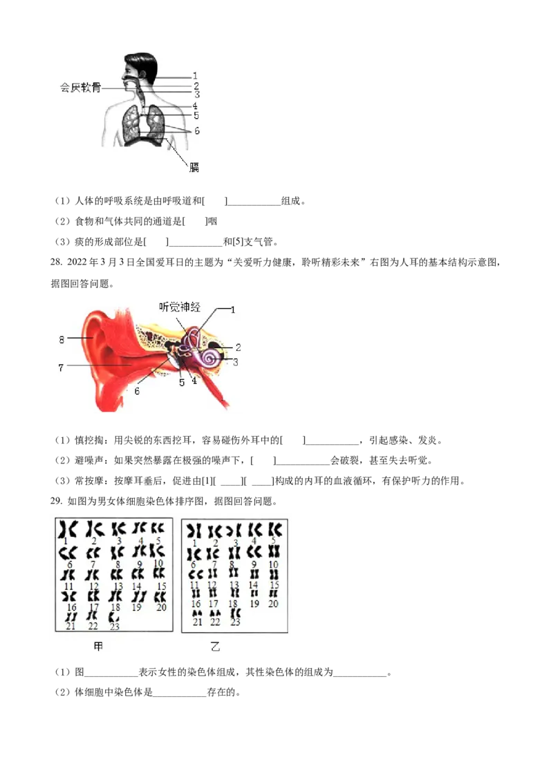 精品解析：2022年黑龙江省牡丹江市中考生物真题（原卷版）_6生物中考复习_2025中考复习资料_中考真题（近三年）_2022年生物中考真题114份_精品解析：2022年黑龙江省牡丹江市中考生物真题