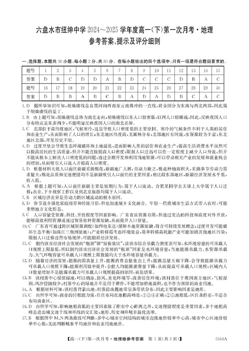 高一地理答案_2025年05月试卷_0507贵州省六盘水市纽绅中学2024-2025学年高一下学期第一次月考（4月）_贵州省六盘水市纽绅中学2024-2025学年高一下学期4月月考地理试题（PDF版，含答案）