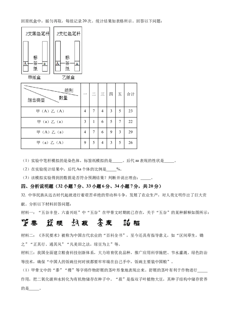 精品解析：2022年湖南省长沙市中考生物真题（原卷版）_6生物中考复习_2025中考复习资料_中考真题（近三年）_2022年生物中考真题114份_精品解析：2022年湖南省长沙市中考生物真题