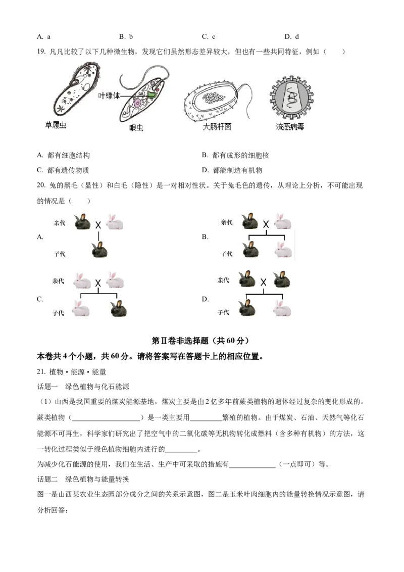 精品解析：2023年山西省晋中市中考生物真题（原卷版）_new_6生物中考复习_2025中考复习资料_中考真题（近三年）_2023年生物中考真题