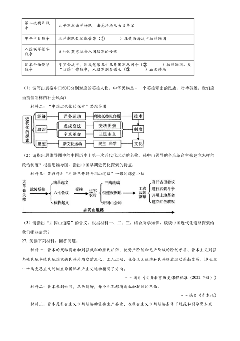 精品解析：2022年湖南省张家界市中考历史真题（原卷版）_8历史中考复习_2025年中考复习资料_中考真题（近三年）_2022年中考历史试卷114份_精品解析：2022年湖南省张家界市中考历史真题