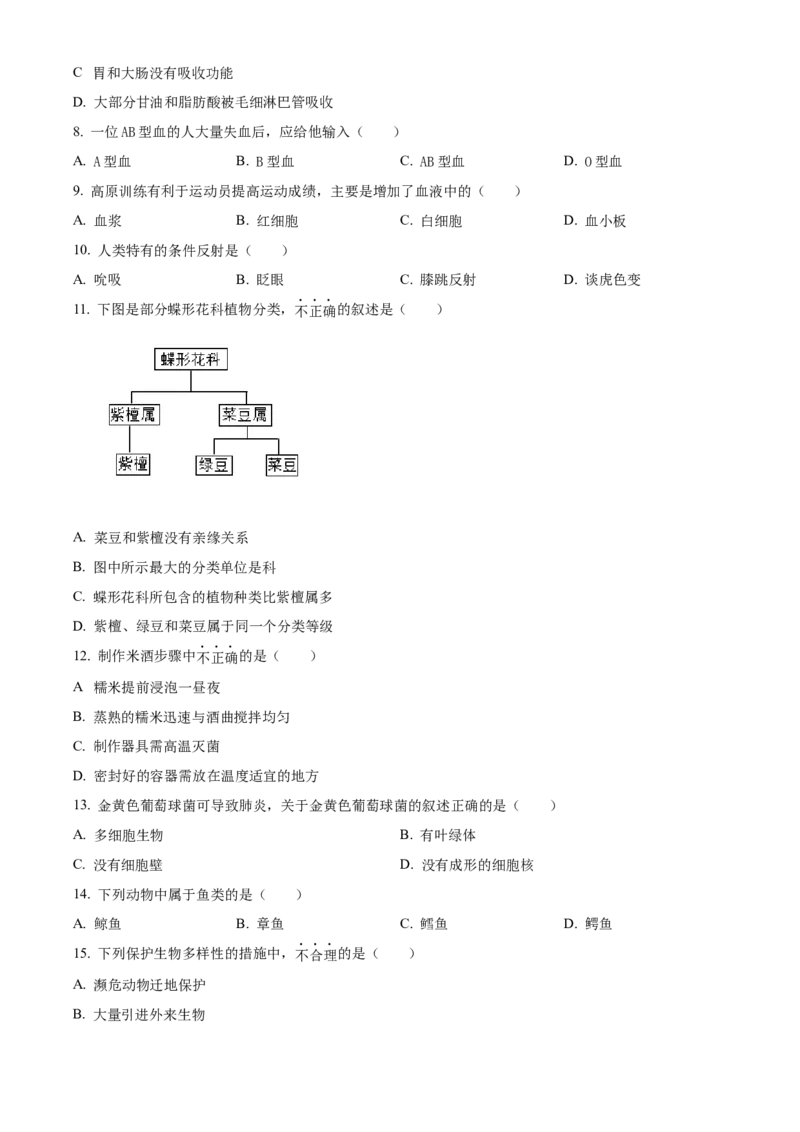 精品解析：2024年江苏省常州市生物中考真题（原卷版）_new_6生物中考复习_2025中考复习资料_中考真题（近三年）_2024年生物中考真题