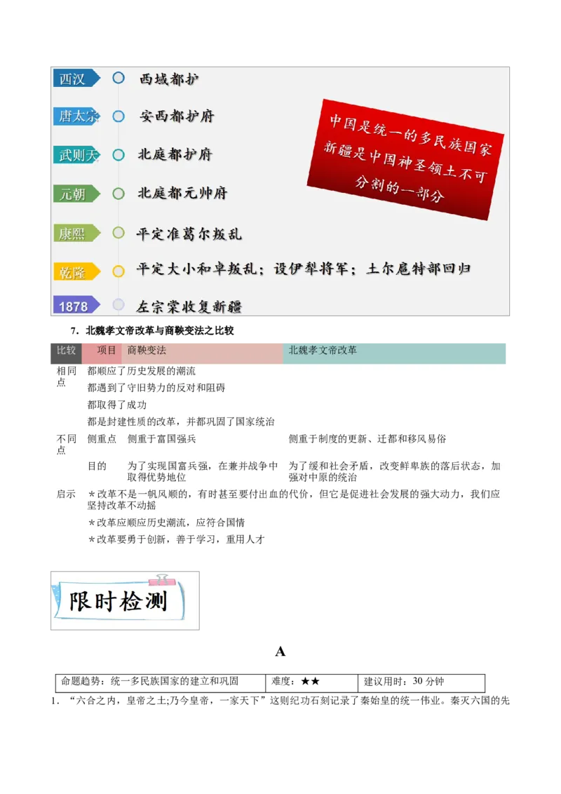 重难点02统一多民族国家的建立和巩固、政权分立与民族交融（原卷版）_8历史中考复习_2023年中考复习资料_专项复习_冲刺中考2023年历史时事热点抢分集训+重难点抢分攻略
