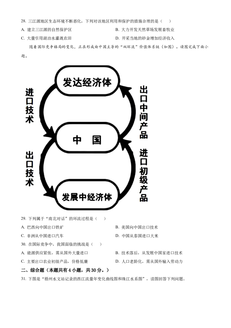 精品解析：2022年广西梧州市中考地理真题（原卷版）_7地理中考复习_2025中考复习资料_中考真题（近三年）_2022年中考地理试卷104份_精品解析：2022年广西梧州市中考地理真题