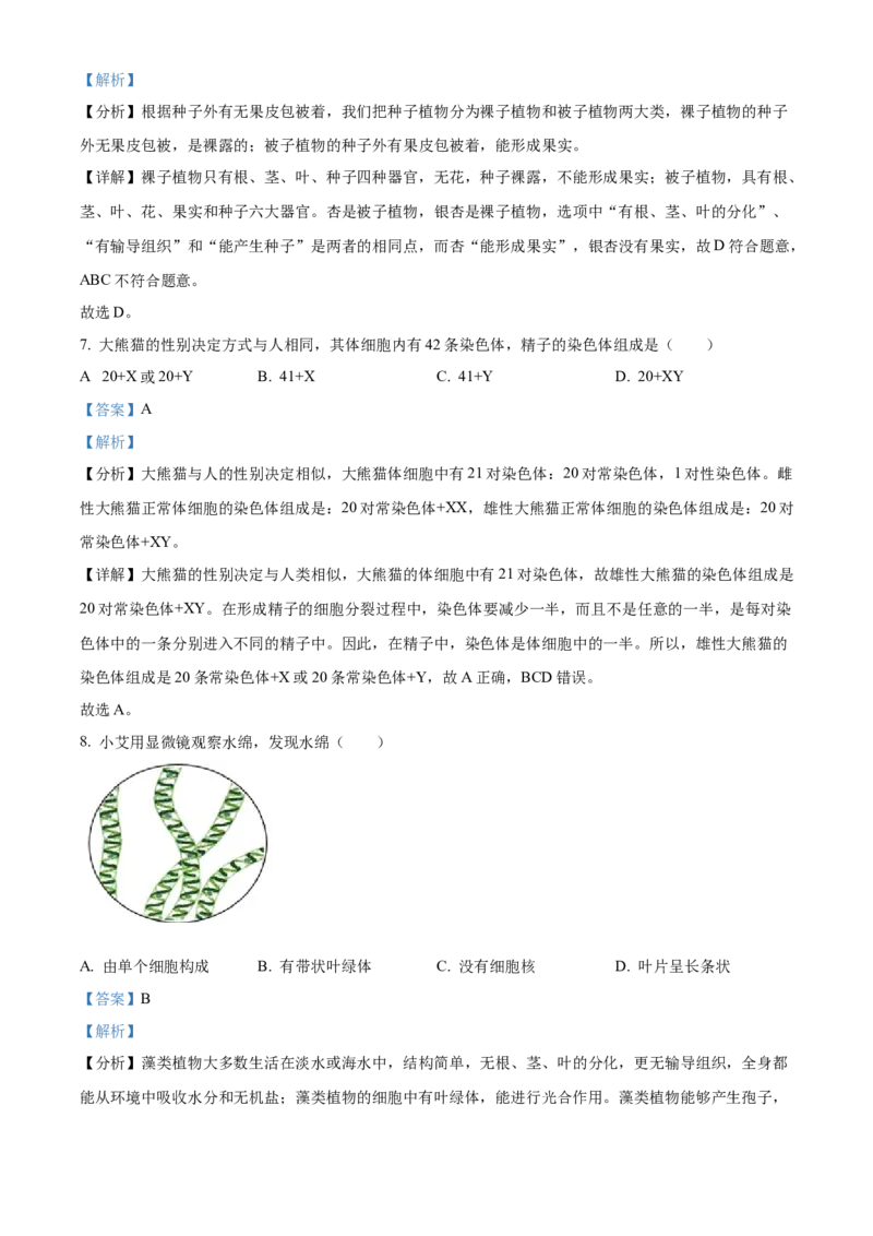 精品解析：2024年山东省烟台市中考生物试题（解析版）_new_6生物中考复习_2025中考复习资料_中考真题（近三年）_2024年生物中考真题