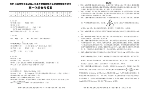 高一化学参考答案20250325_2025年04月试卷_0419湖北省鄂东南省级示范高中教育教学改革联盟学校2024-2025学年高一下学期期中联考