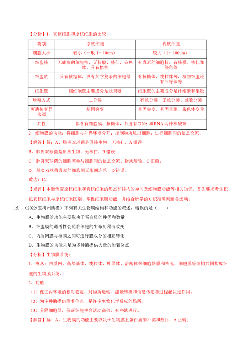 题型2细胞的结构与功能观（题型集训）（解析版）_新高考复习资料_2023年新高考复习资料_二轮复习_技巧点拨备战2023年高考生物二轮题型复习讲解286731240