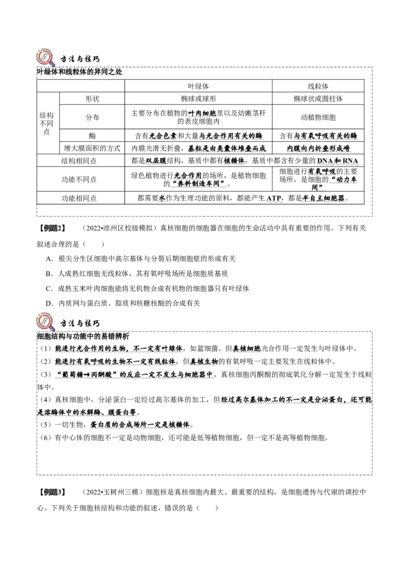 题型2细胞的结构与功能观（题型归纳）（原卷版）_新高考复习资料_2023年新高考复习资料_二轮复习_技巧点拨备战2023年高考生物二轮题型复习讲解286731240