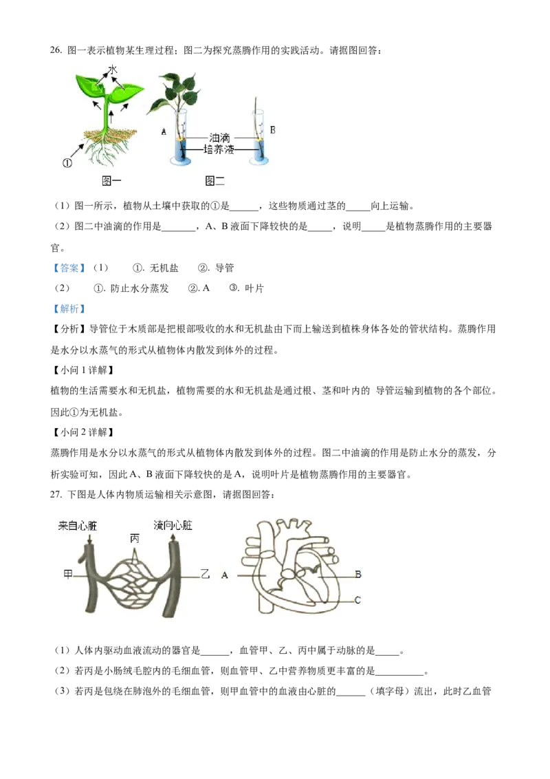 精品解析：2023年湖南省岳阳市中考生物真题（解析版）_new_6生物中考复习_2025中考复习资料_中考真题（近三年）_2023年生物中考真题