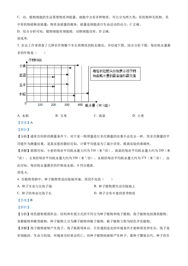 精品解析：2023年湖南省岳阳市中考生物真题（解析版）_new_6生物中考复习_2025中考复习资料_中考真题（近三年）_2023年生物中考真题