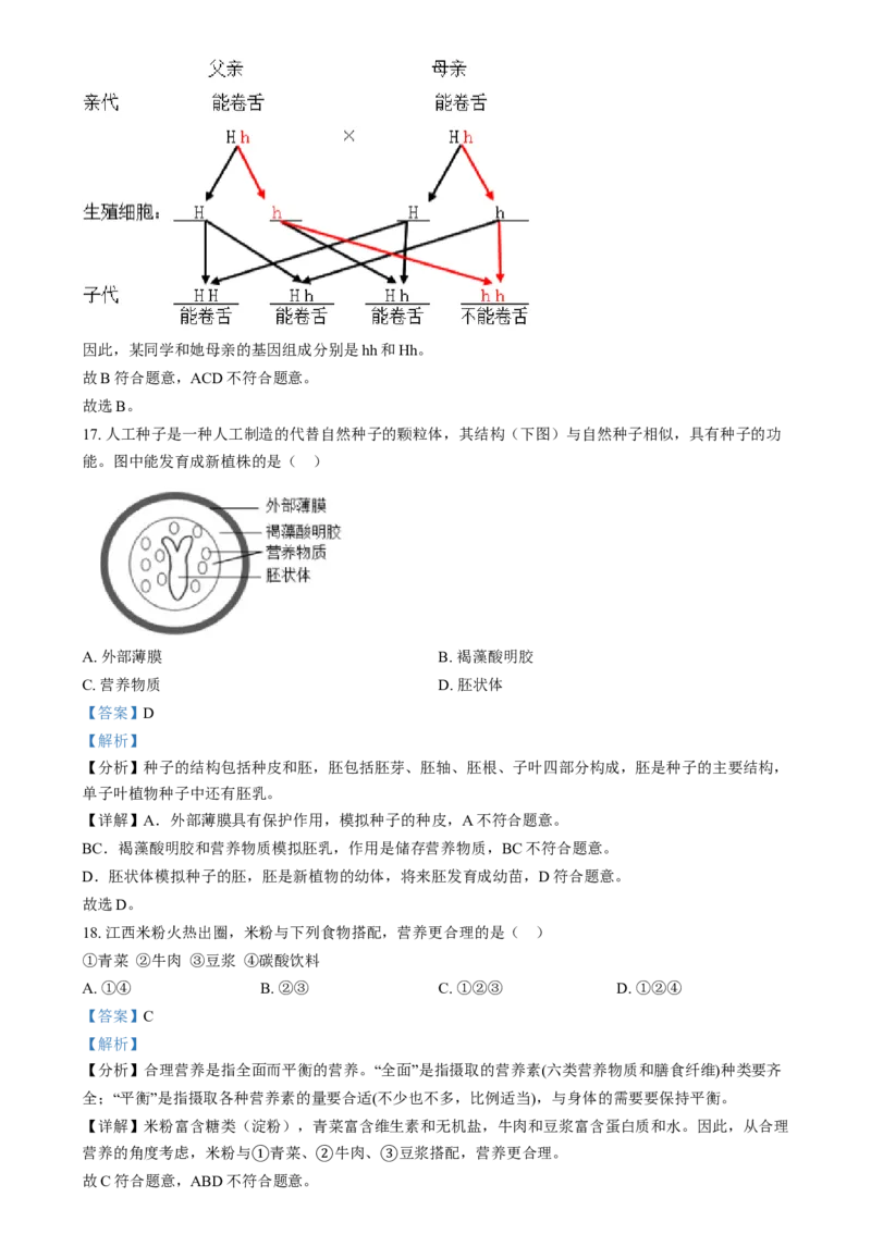 精品解析：2024年江西省中考生物真题（解析版）_new_6生物中考复习_2025中考复习资料_中考真题（近三年）_2024年生物中考真题
