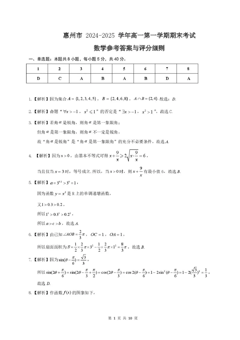 高一数学答案参考答案-惠州市2024-2025学年第一学期期末质量检测高一数学_2025年02月试卷_0221广东省惠州市2024-2025学年高一上学期期末考试