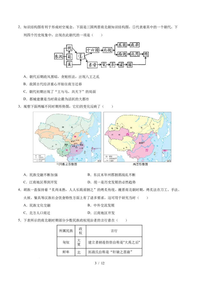 专题04三国两晋南北朝时期：政权分立与民族交融（练习）（原卷版）_中考历史资料合集_2026中考历史一轮复习课件_一轮练习