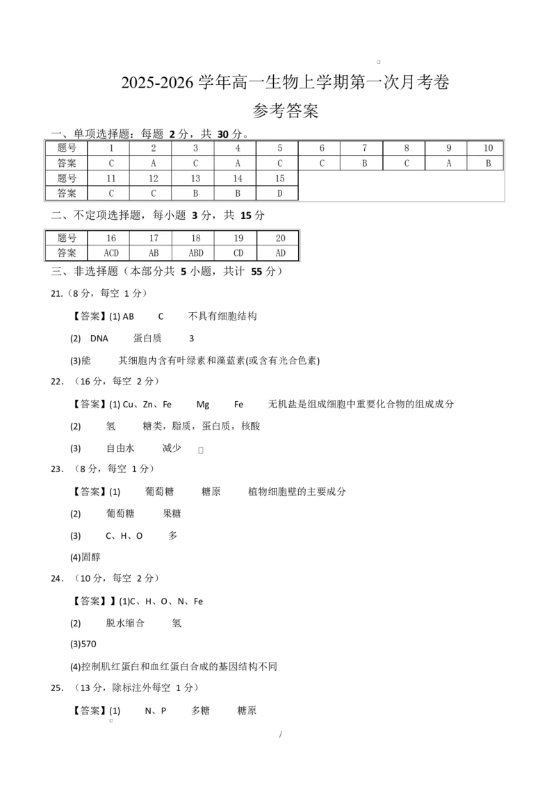 高一生物上学期第一次月考（山东专用）（参考答案）（山东专用）_2025年10月高一试卷_2510032025-2026学年高一生物上学期第一次月考