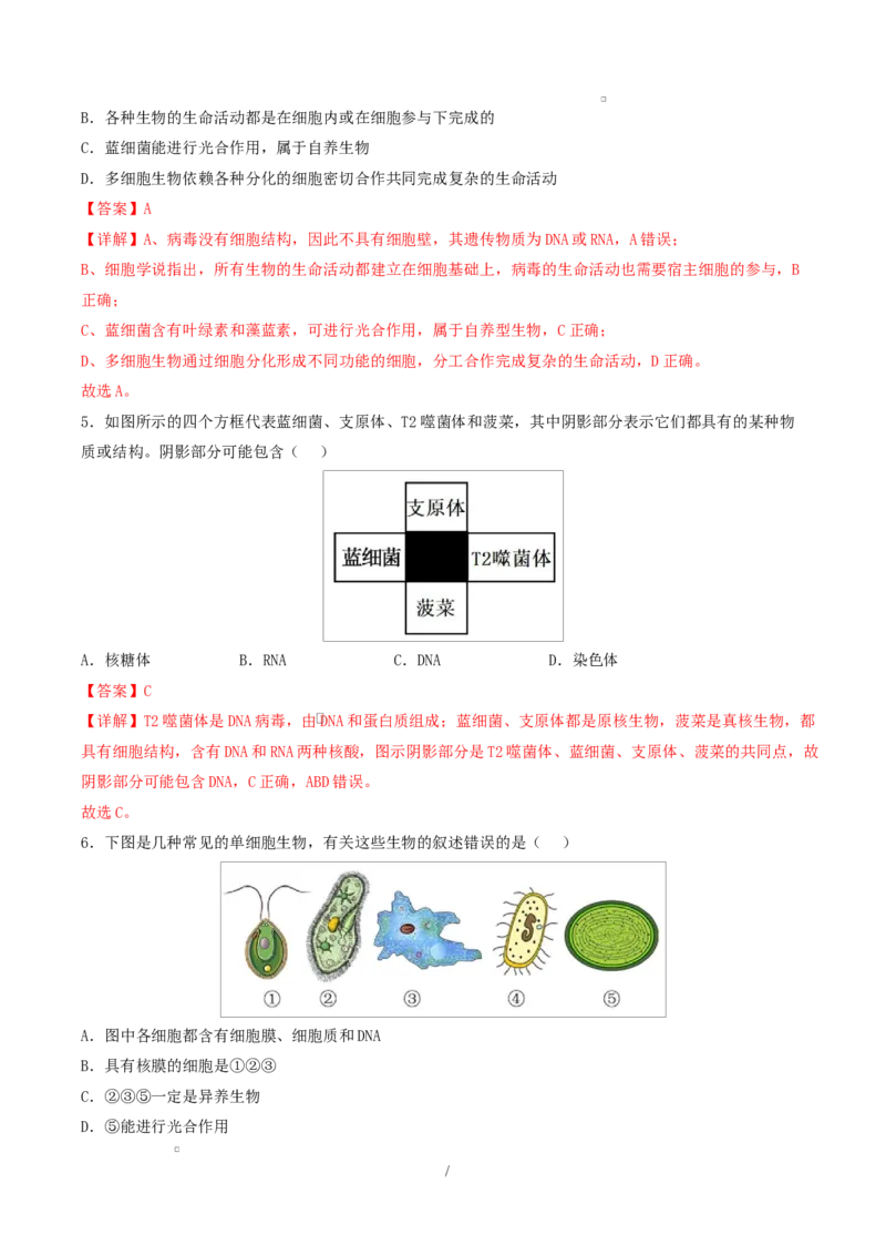 高一生物上学期第一次月考（山东专用）（全解全析）（山东专用）_2025年10月高一试卷_2510032025-2026学年高一生物上学期第一次月考