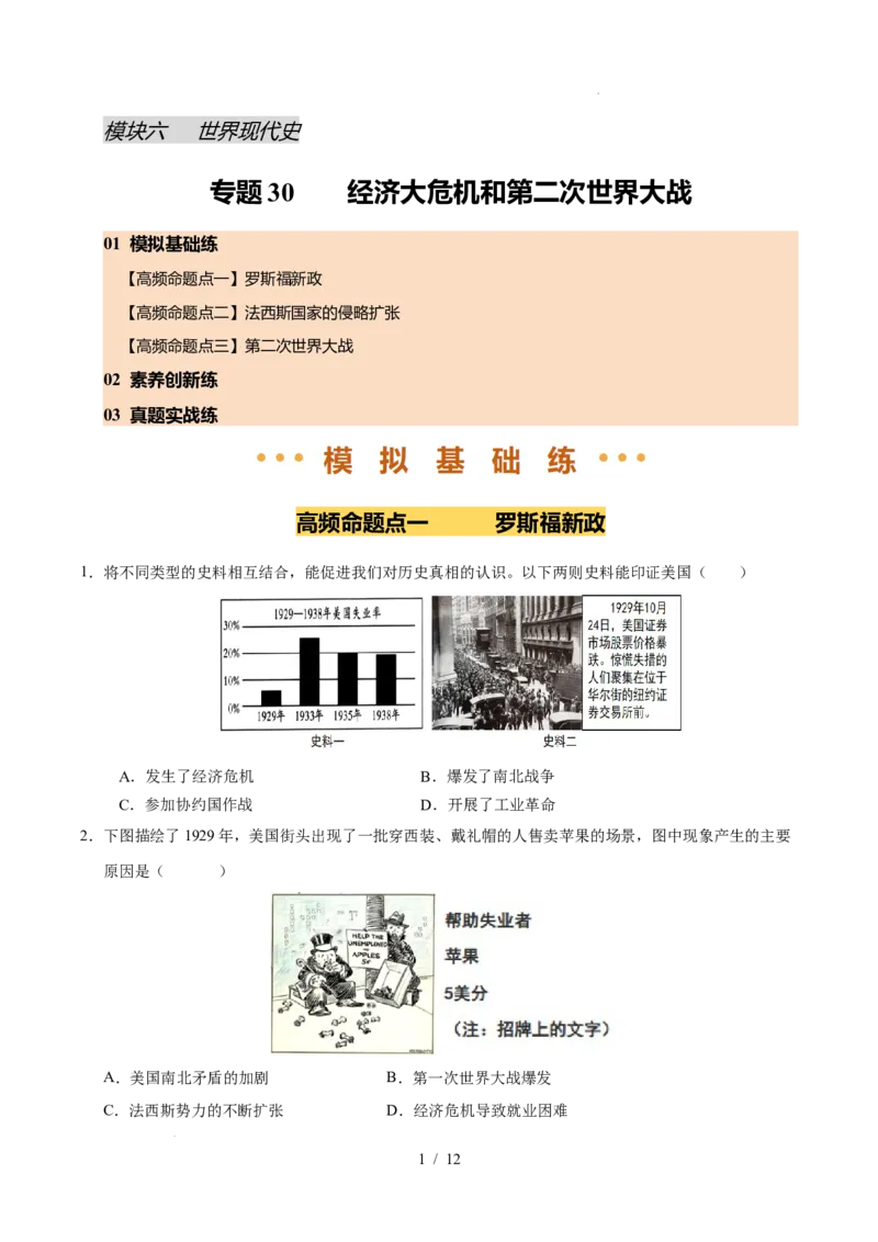 专题30经济大危机和第二次世界大战（练习）（原卷版）_中考历史资料合集_2026中考历史一轮复习课件_一轮练习