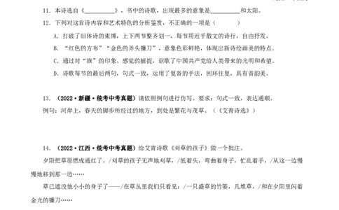 专题09《艾青诗选》真题精练（单一题）（原卷版）－备战2024年中考语文名著阅读知识（考点）梳理+真题演练_中考复习资料_语数英物化_1语文中考复习_2024年中考资料_专项复习资料