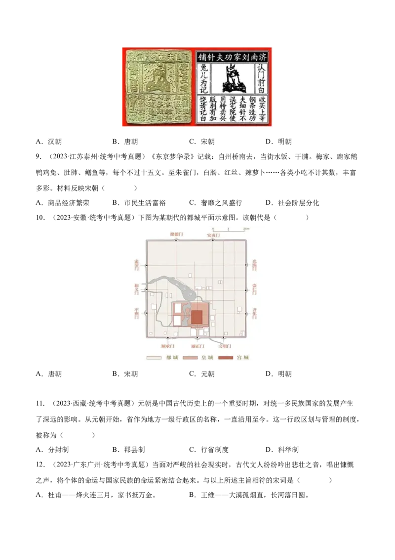 （练习）专题05辽宋夏金元时期：民族关系发展和社会变化（原卷版）_8历史中考复习_2024年中考复习资料_一轮复习资料_配套练习（原卷版+解析版）
