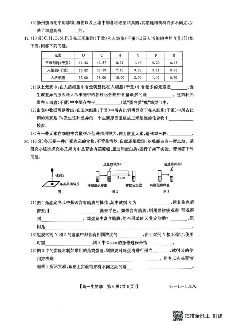 高一年级阶段联考生物_2025年10月高一试卷_251018安徽省江淮名校2025-2026学年高一上学期阶段联考_安徽省江淮名校2025&mdash;2026学年高一上学期10月阶段联考生物试题（扫描版，有答案）